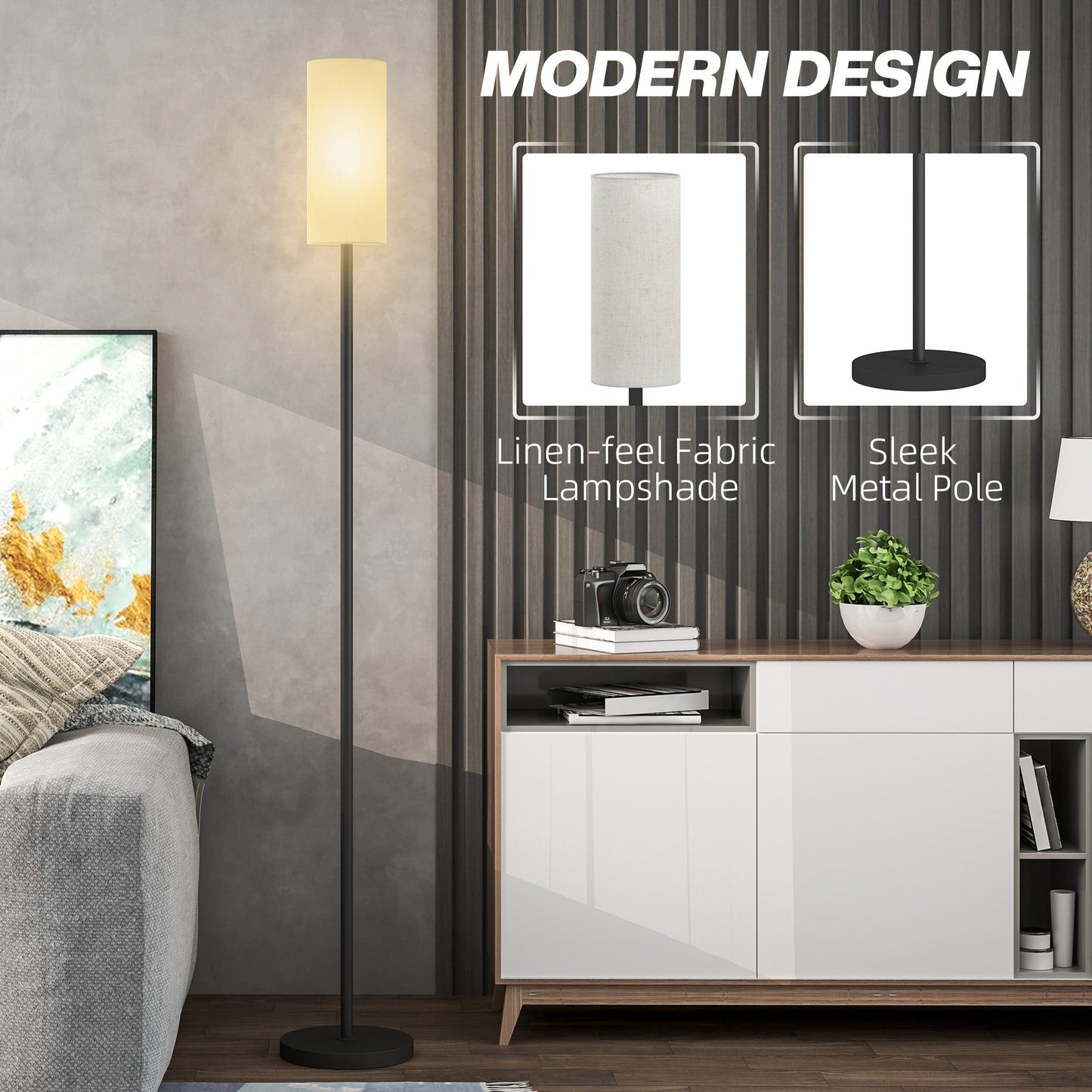 Lampa podłogowa HOMCOM do salonu, nowoczesna lampa stojąca z kloszem lnianym i przełącznikiem nożnym, minimalistyczny klosz na wysokim słupku do sypialni, biura, biały
