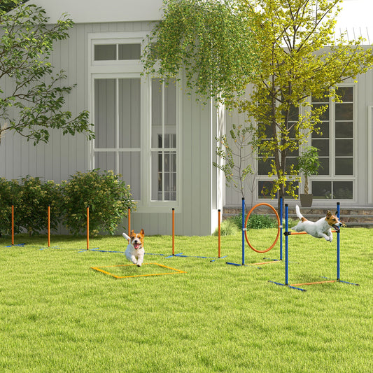 PawHut ośmioczęściowy zestaw sprzętu do agility dla psów z drążkami do ćwiczeń, kółkiem do skakania, płotkiem, skrzynką do pauz, spodenkami treningowymi, torbą, pomarańczowy