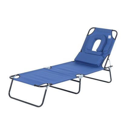 Outsunny Sun Lounger Foldable Reclining Chair with Pillow and Reading Hole Garden Beach Outdoor Recliner Adjustable Blue