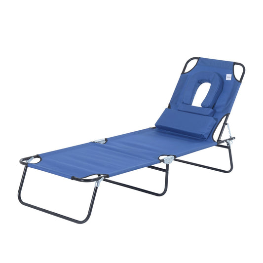 Outsunny Sun Lounger Foldable Reclining Chair with Pillow and Reading Hole Garden Beach Outdoor Recliner Adjustable Blue