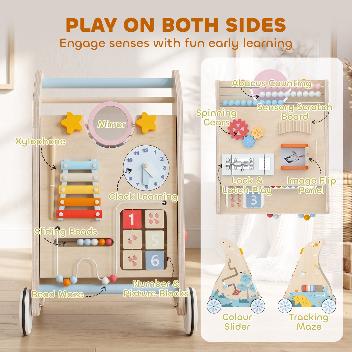 AIYAPLAY Wooden Baby Walker with Detachable Double-Sided Activity Board, Push Along Walker, Gift for Boys Girls 1-3 Years