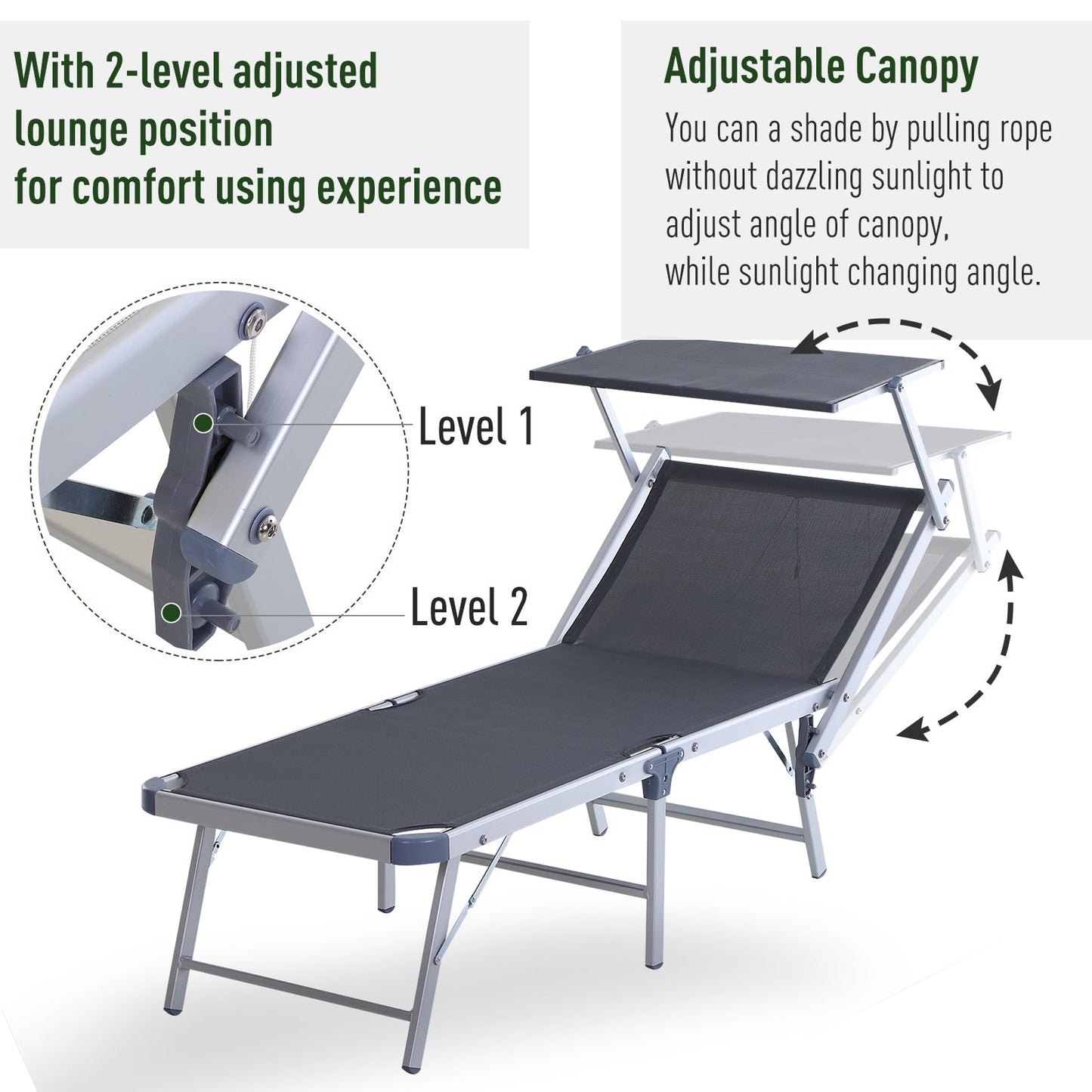 Outsunny Garden Sun Lounger Texteline Chaise Lounge Reclining Chair with Canopy Adjustable Backrest Bed Aluminium Frame - Grey