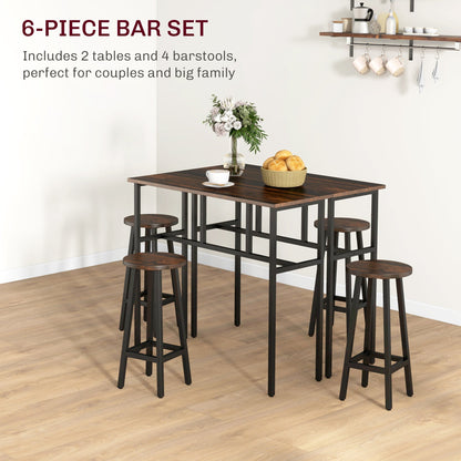 6-Piece Bar Table Set, 2 Breakfast Tables with 4 Stools, Counter Height Dining Tables & Chairs for Kitchen, Living Room, Rustic Brown