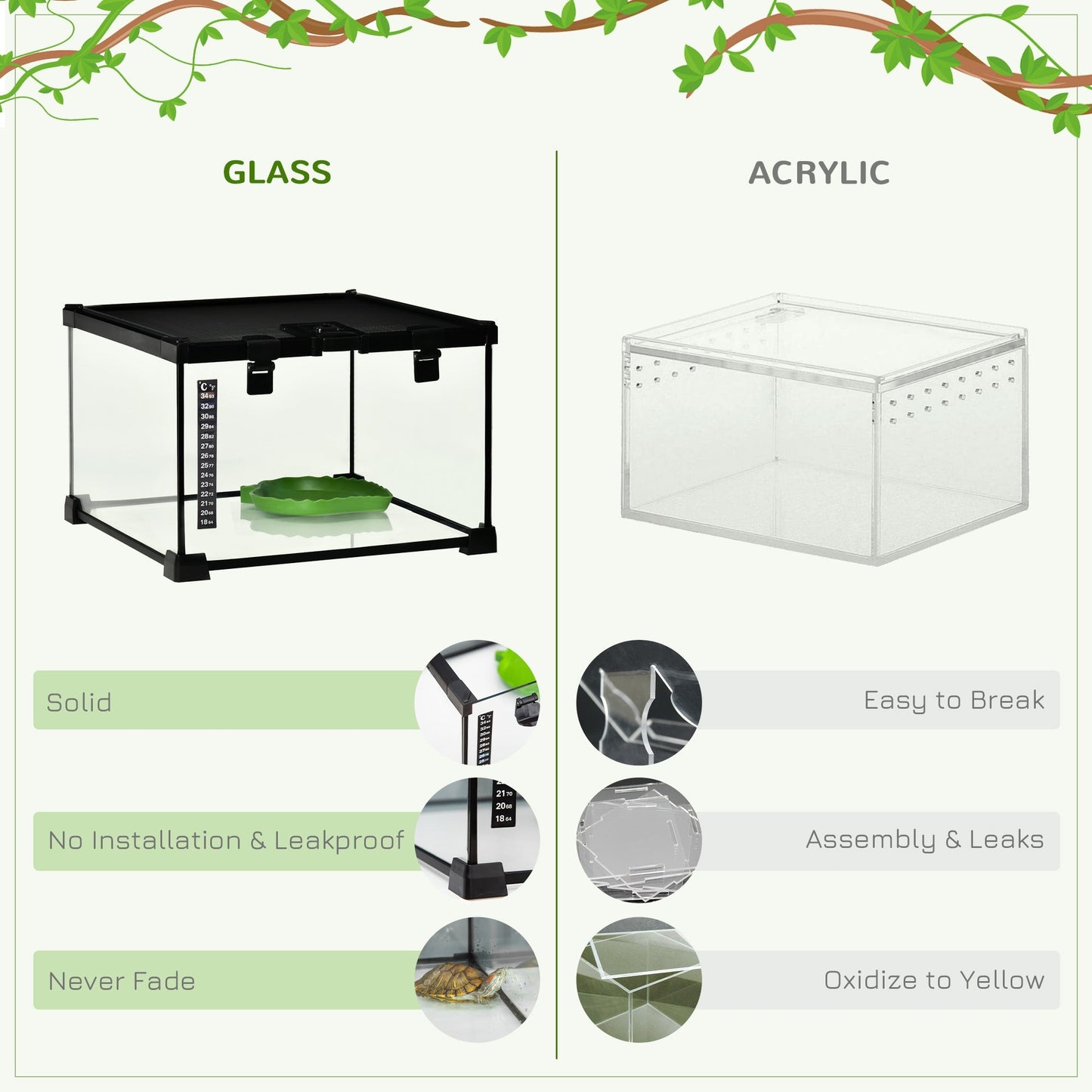 PawHut 30 x 30 x 20 cm Reptile Glass Terrarium, Reptile Breeding Tank, Climbing pet Glass Containers, Arboreal Box, with Strip Patch Thermometer-Black