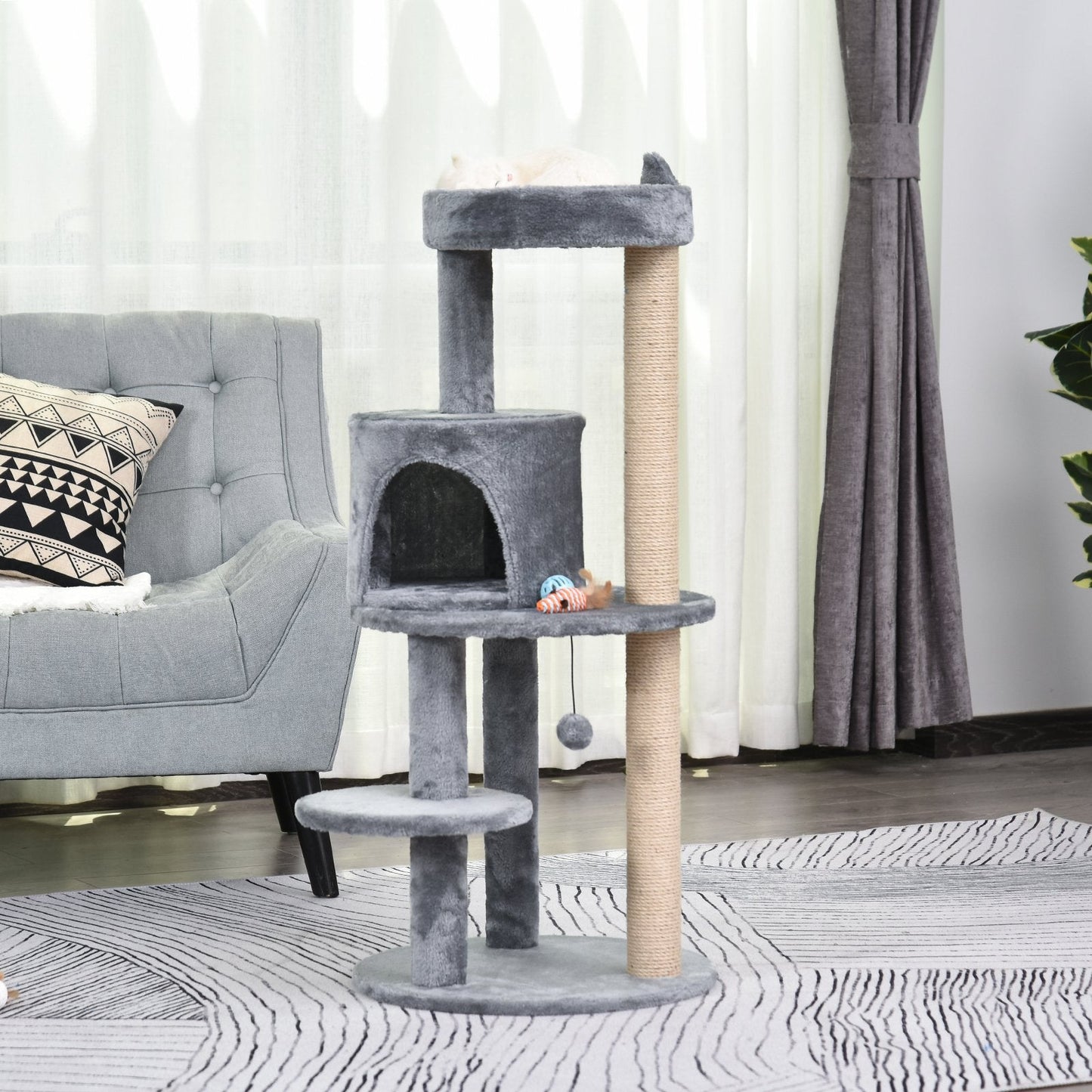 PawHut 3-Tier Deluxe Cat Activity Tree w/ Scratching Posts Ear Perch House Platform Play Ball Plush Fun Toys Exercise Rest Relax Climb Grey