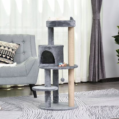 PawHut 3-Tier Deluxe Cat Activity Tree w/ Scratching Posts Ear Perch House Platform Play Ball Plush Fun Toys Exercise Rest Relax Climb Grey