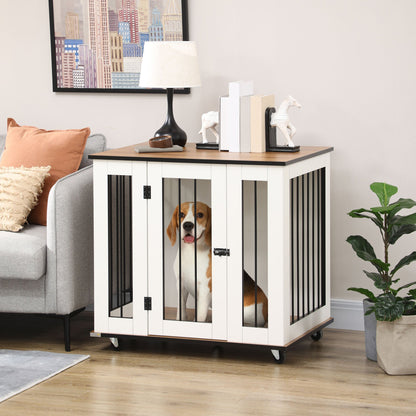 PawHut Dog Crate Furniture, Dog Cage End Table, with Wheels, for Medium Dogs, 80 x 60 x 76.5cm - White