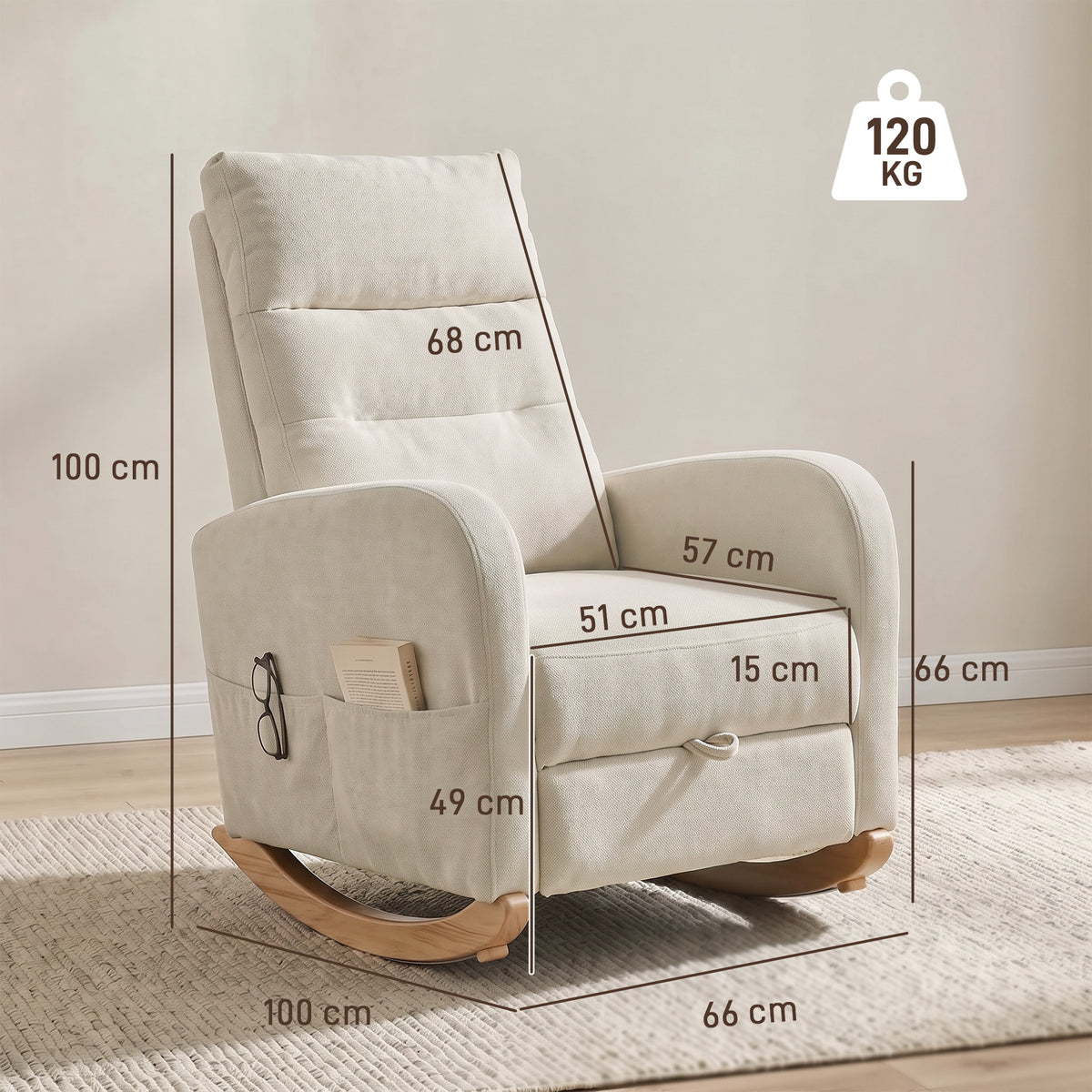 HOMCOM Upholstered Rocking Chair Retractable Footrest Rocker Chair High Back for Living Room Cream White