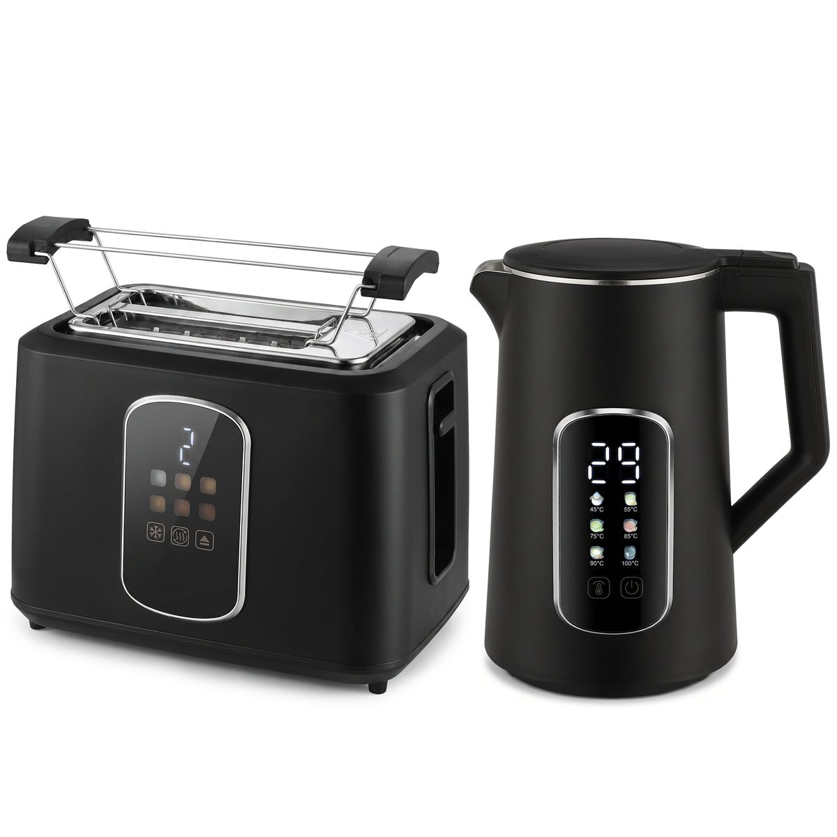 HOMCOM Kettle and Toaster Set with LED Touch Screen, Kettle with Strix Thermostat, 2 Slice Toaster w/ 6 Browning Levels, Black