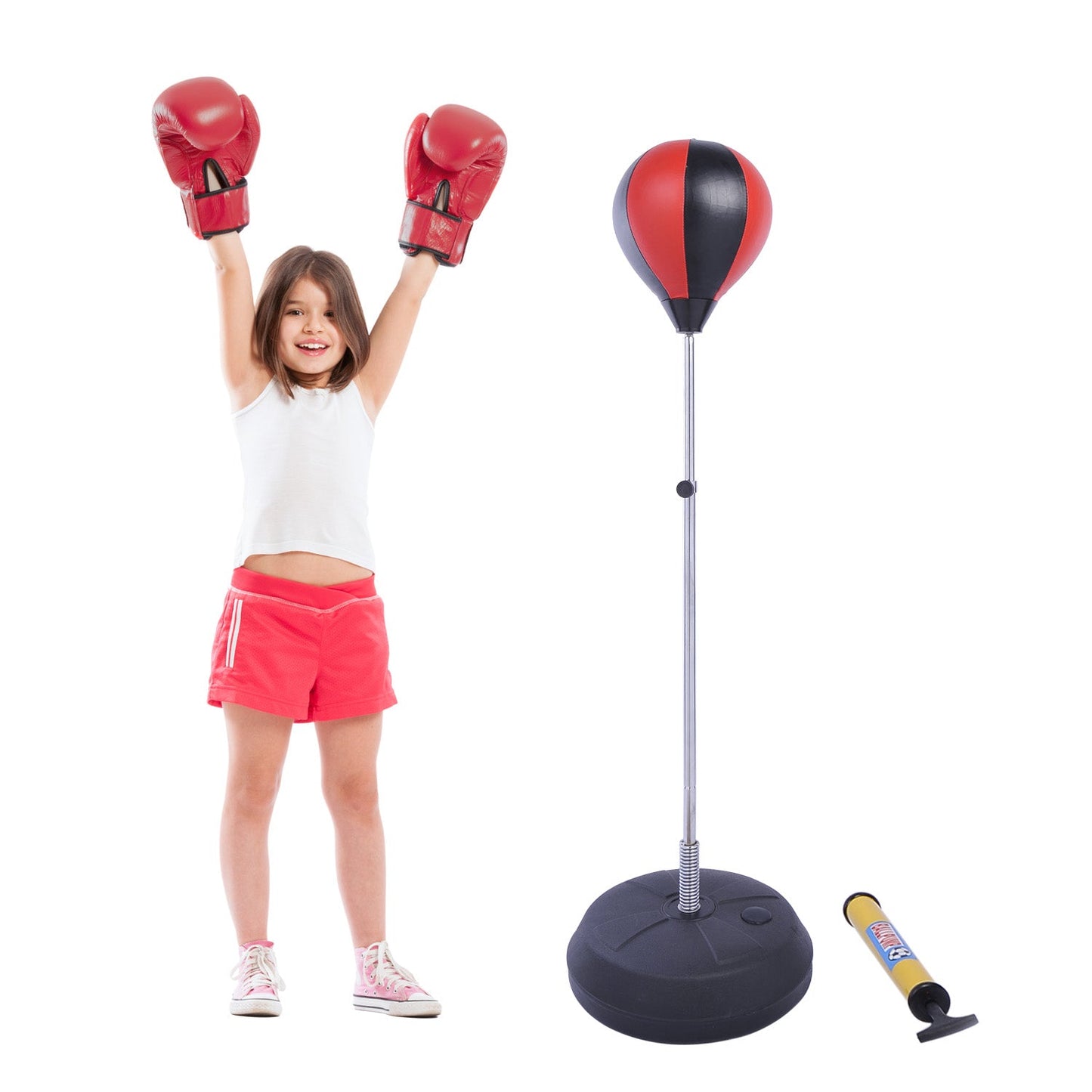 HOMCOM Kids Training Boxing Punch Ball Set 125-145H x _43cm with Gloves Air Pump Adjustable Height Freestanding Exercise Training for Kids and Teenagers