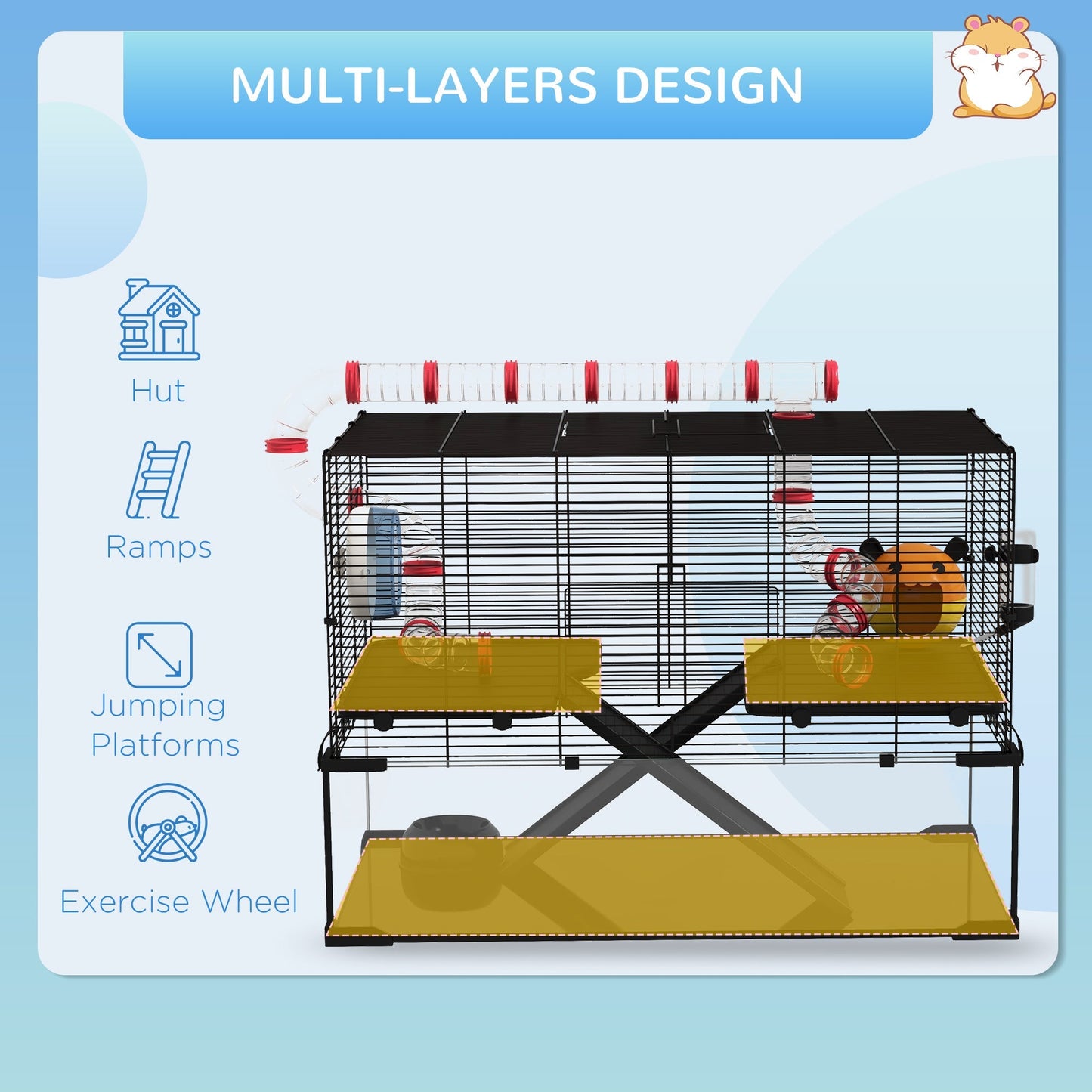 PawHut Gerbil Cage Dwarf Hamster with Deep Glass Bottom, Tunnels Tubes, Ramps, Hut, Exercise Wheel, 78.5 x 48.5 x 57cm