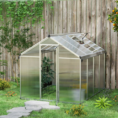 Outsunny 6 x 8ft Polycarbonate Greenhouse With Rain Gutters, Large Walk In With Door And Window, Garden Grow House With Aluminium Frame