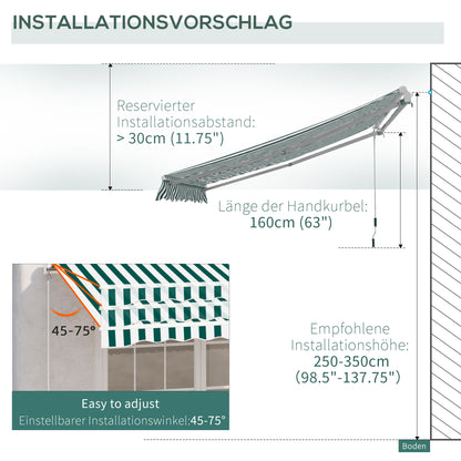 Outsunny 3 x 2.5m Patio Awning, Anti-UV and Waterproof Sun Shade Canopy with Chain Drive and Hand Crank, Green/White Stripes