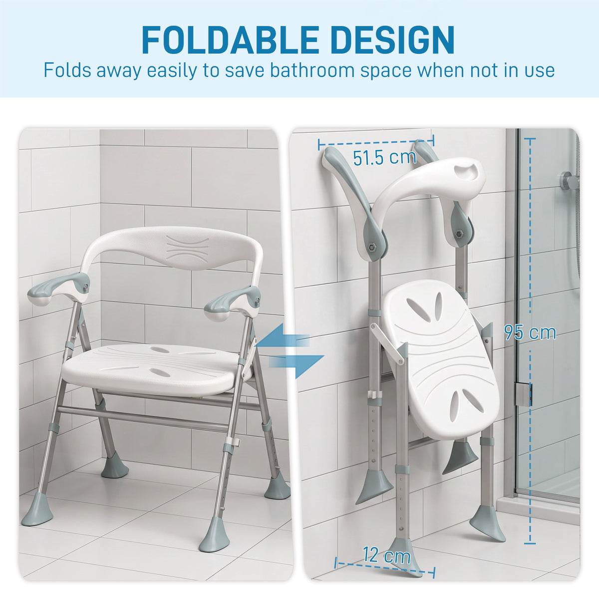 HOMCOM Foldable Shower Chair with Flip-Up Armrests, Shower Stool with Adjustable Height, Tool-Free Assembly, 136 kg