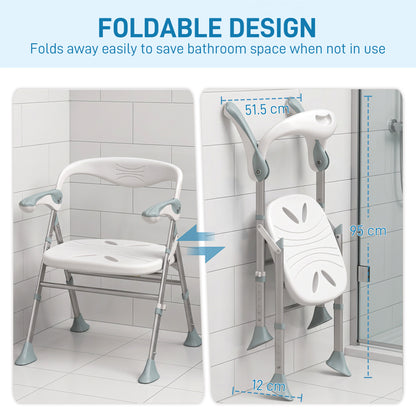 HOMCOM Foldable Shower Chair with Flip-Up Armrests, Shower Stool with Adjustable Height, Tool-Free Assembly, 136 kg
