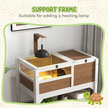 PawHut Wooden Tortoise House, with Shelter, Run, Shelf, Lamp Holder, Tray - Brown