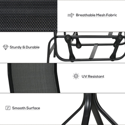 طقم كراسي انزلاقية للحديقة من Outsunny مكون من 3 قطع، إطار معدني ومقعدين فرديين متأرجحين وطاولة قهوة ذات سطح زجاجي مع مقعد من القماش الشبكي، باللون الأسود