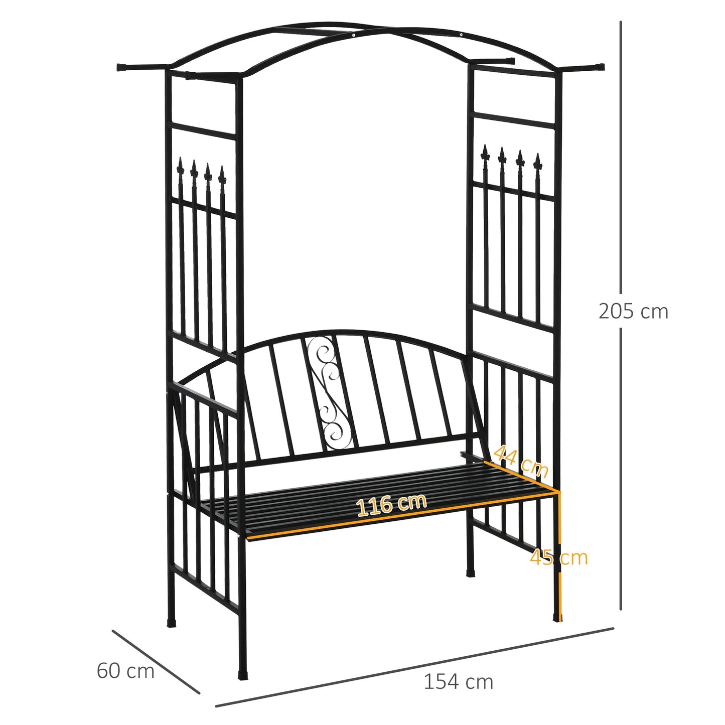 Outsunny Garden Metal Arch Arbour with Bench Love Seat Chair Outdoor Patio Rose Trellis Pergola Climbing Plant Archway Tubular- 154L x 60W x 205Hcm