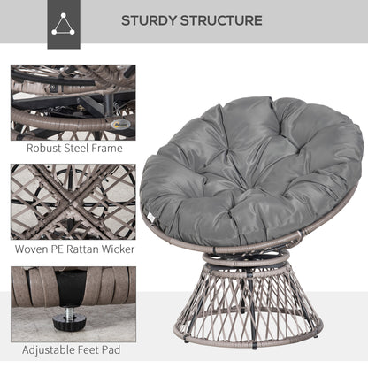 Outsunny 360√Ç¬∞ Obrotowy fotel rattanowy Papasan Moon Bowl, okrągły, ogrodowy, z wikliny, z poduszką, duży, do użytku na zewnątrz i wewnątrz, szary