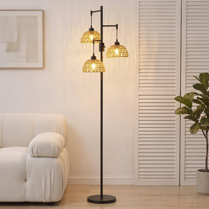 HOMCOM 3-Light Floor Lamp, Standing Lamp with Paper Rope Shades, 4-Stage Rotary Switch for Living Room, Bedroom, Study