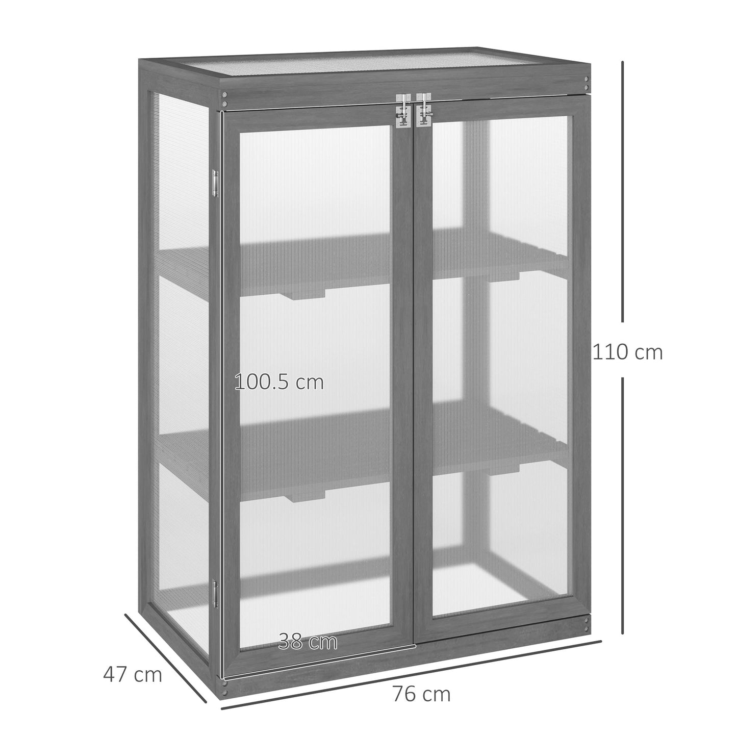 Outsunny 3-tier Cold Frame with Openable Top Cover and Double Doors, Garden Wooden Greenhouse with Storage Shelf, Polycarbonate Grow House for Plants, Flowers, Dark Grey