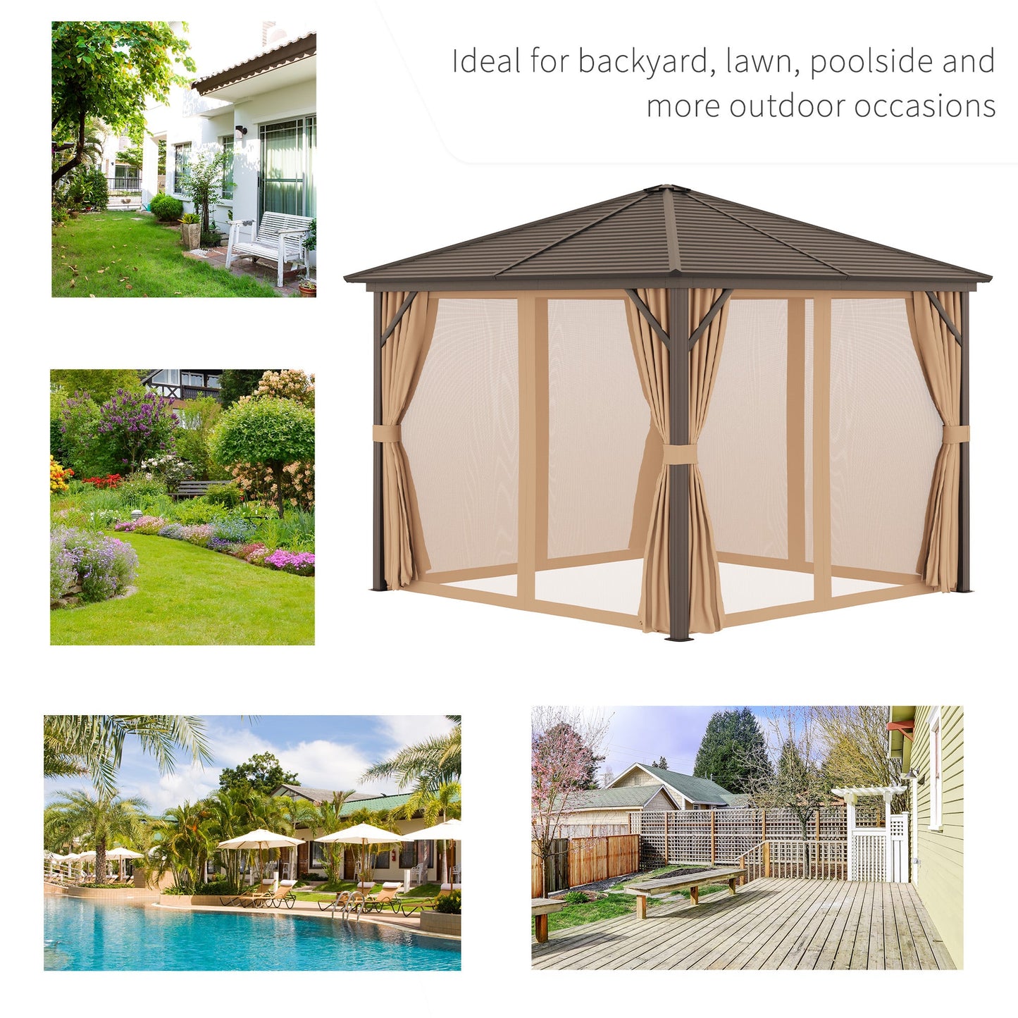 Outsunny 3 x 3 m Hardtop Gazebo with Netting and Curtains, Garden Gazebo Canopy Shelter with Metal Roof, Aluminium Frame, for Garden, Lawn, Deck, Bronze Tone