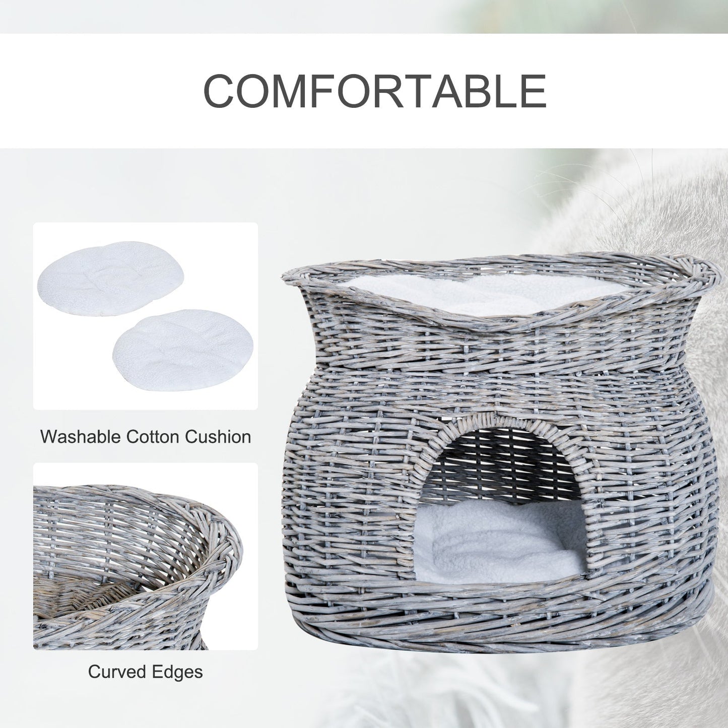 PawHut 2-Tier Wicker Cat House Elevated Pet Bed Basket Willow Kitten Tower Pet Den. with Washable Cushions 56x37x40cm Grey