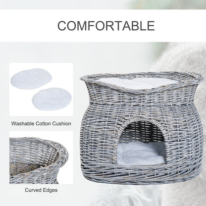 PawHut 2-Tier Wicker Cat House مرتفعة سرير الحيوانات الأليفة سلة الصفصاف هريرة برج الحيوانات الأليفة دن. مع وسائد قابلة للغسل مقاس 56x37x40 سم باللون الرمادي