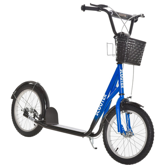 HOMCOM Kids Scooter, Kick Stunt Scooter with Adjustable Handlebar, Dual Brakes, Basket, Cupholder, Mudguard, 16" Inflatable Rubber Wheels, for 5-12 years, Blue