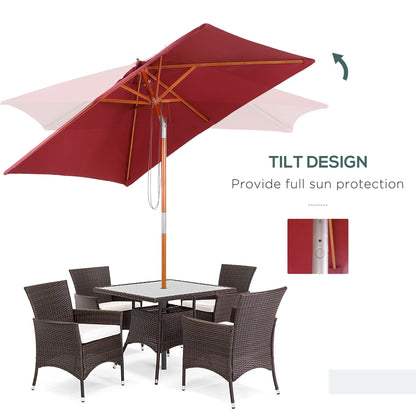 Outsunny 2m x 1.5m Garden Parasol Umbrella with Tilting Sunshade Canopy, Outdoor Market Table Umbrella with Wood and Bamboo Frame, Wine Red