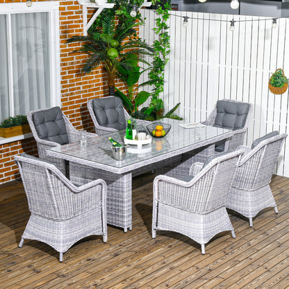 Outsunny 6 Seater Rattan Dining Set, Round PE Rattan Garden Furniture Set with Seat and Back Cushions, Aluminium Outdoor Dining Table and Chairs with 6 Armchairs, Rectangular Glass Top Table, Grey