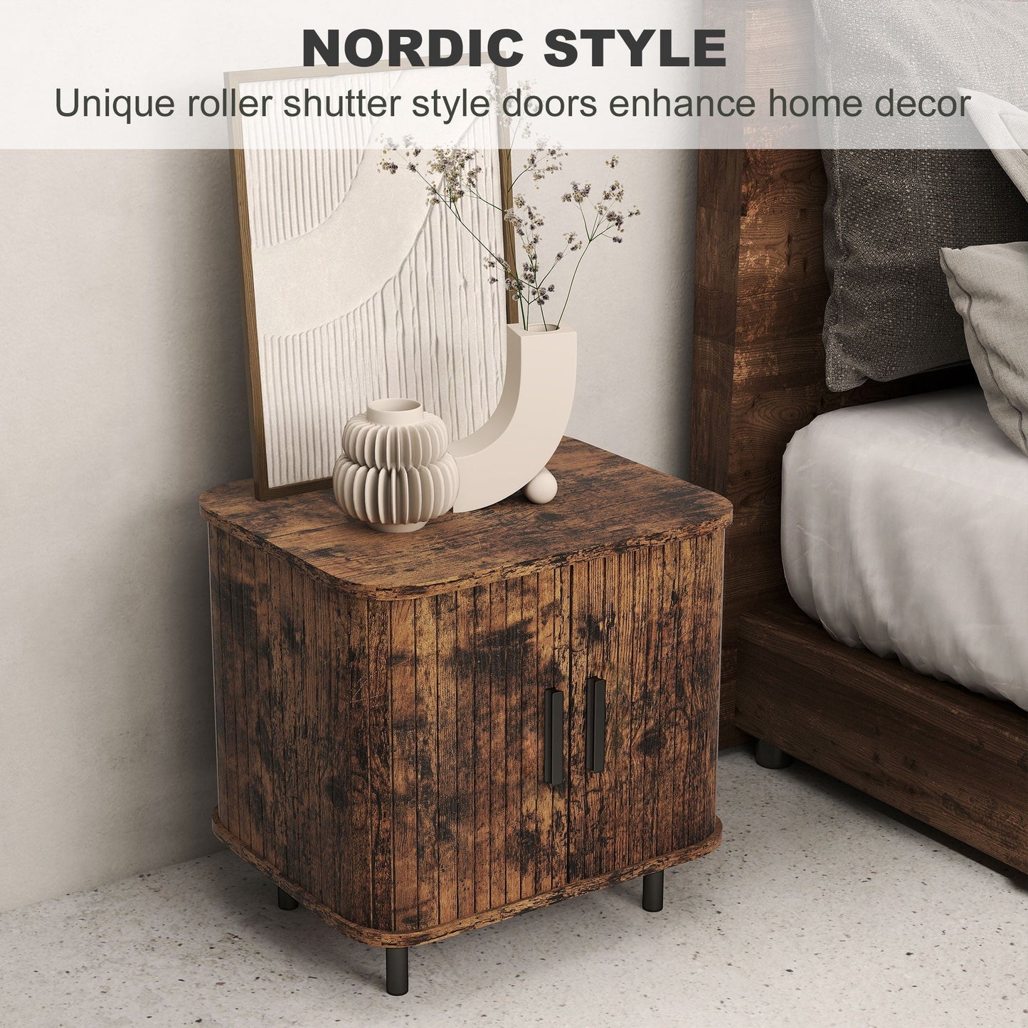 HOMCOM Bedside Table, Nordic Side Table with Roller Shutter Style Sliding Doors and Metal Legs for Bedroom, Living Room, Rustic Brown