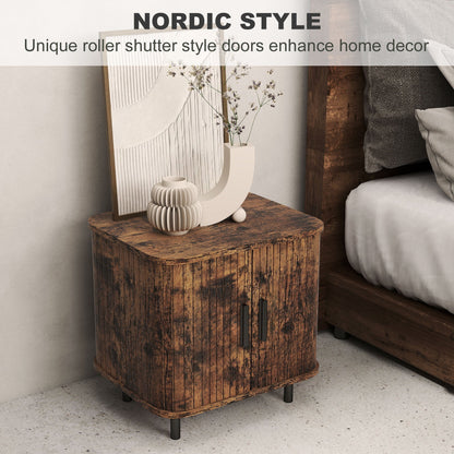 HOMCOM Bedside Table, Nordic Side Table with Roller Shutter Style Sliding Doors and Metal Legs for Bedroom, Living Room, Rustic Brown