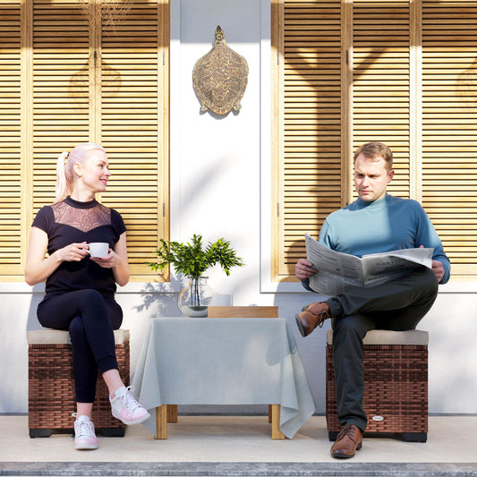 Zestaw Outsunny 2 puf z rattanu ze schowkiem, podnóżek ogrodowy ze zdejmowanymi poduszkami, siedzisko ogrodowe ze schowkiem na balkon, przy basenie, do salonu, beżowy