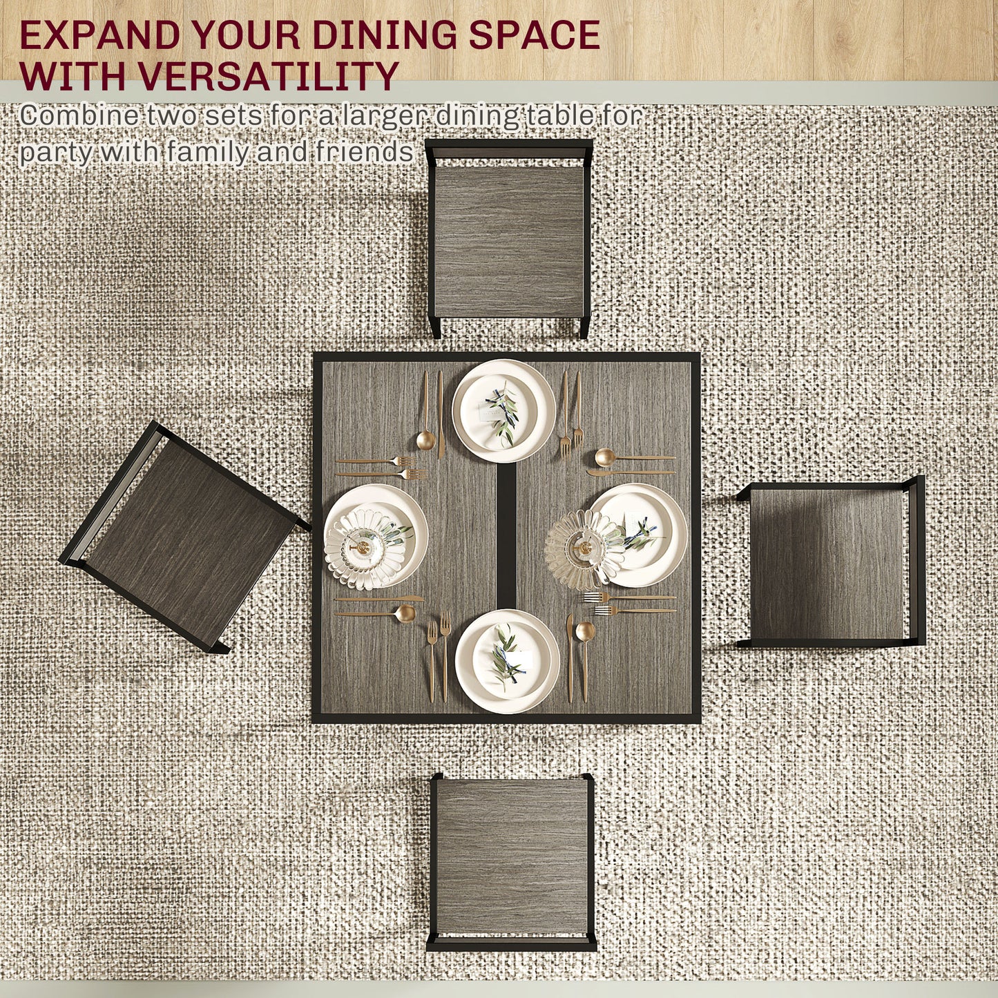 HOMCOM Dining Table and Chairs Set 2, Dining Room Sets, Rectangular Space Saving Table and 2 Chairs for Compact Kitchens, Steel Frame, Grey Wood-Effect