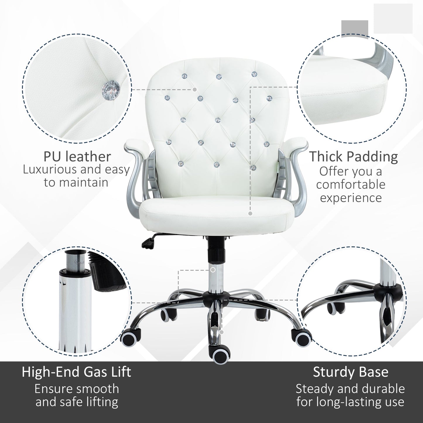 Vinsetto Office Chair Ergonomic 360¡ Swivel PU Diamante Padded Base 5 Castor Wheels for Home Work White