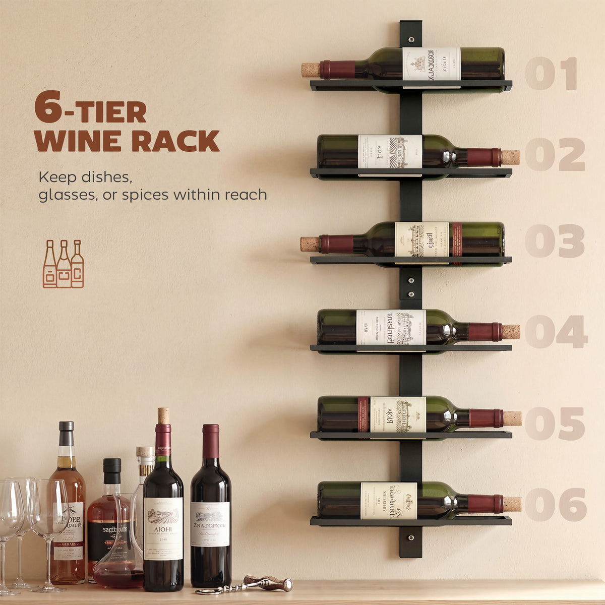 HOMCOM Wall Mounted Wine Rack, 6 Tier Metal Wine Display Rack, Storage Holder for Kitchen, Black
