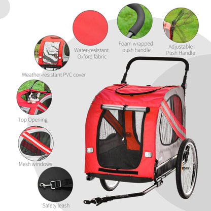 PawHut 2-w-1 Przyczepka rowerowa dla psa Wózek dla zwierząt z uniwersalną odblaskową flagą na kołach w kolorze czerwonym
