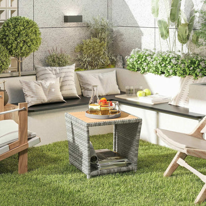 Outsunny Side Table 2-Tier Outdoor Coffee Table with Storage Shelf PS Wood Slat Top/Light Grey