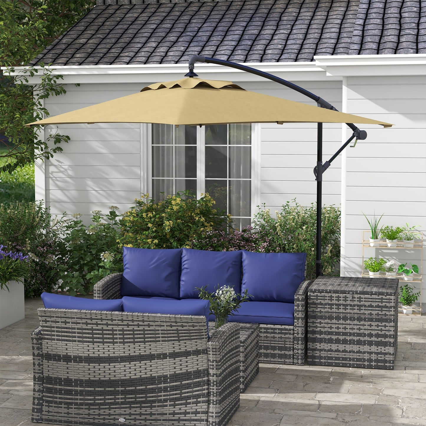 3x2m Cantilever Banana Parasol With Cross Base With Crank Handle and 6 Ribs, Rectangular Patio Umbrella For Outdoor Pool, Garden - Brown