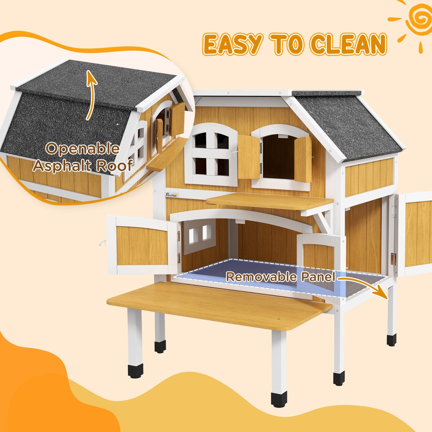 PawHut Outdoor Cat Shelter 2 Tiers Wooden Feral Cat House with Openable Asphalt Roof, Escape Doors, Terrace, for 1-2 Cats