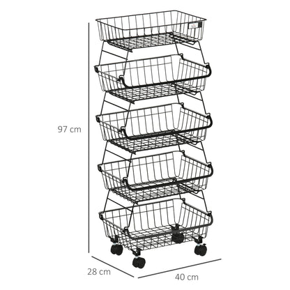 HOMCOM 5 Tier Storage Trolley, Stackable Fruit Vegetable Cart for Kitchen, Living Room, 40 x 2 x 97 cm, Black