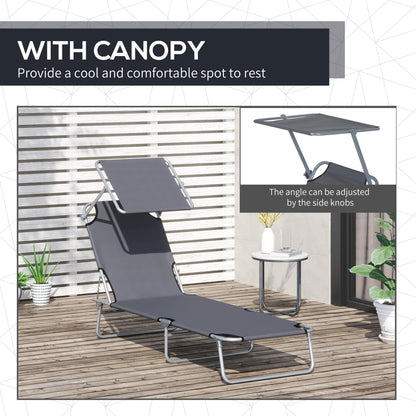 Outsunny Outdoor Foldable Sun Lounger, 4 Level Adjustable Backrest Reclining Sun Lounger Chair with Angle Adjust Sun Shade Awning for Beach, Garden, Patio, Grey