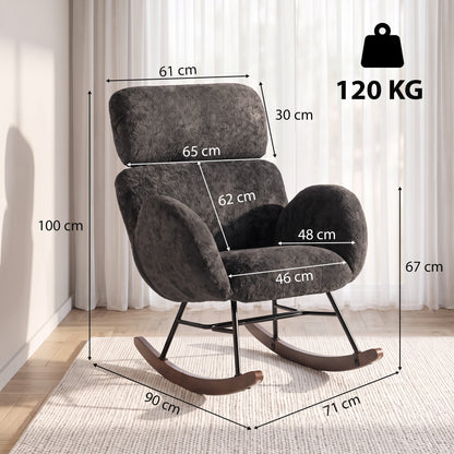 HOMCOM Upholstered Rocking Chair Adjustable Headrest Rocker Chair Raindrop Velvet Rubberwood Base Dark Grey
