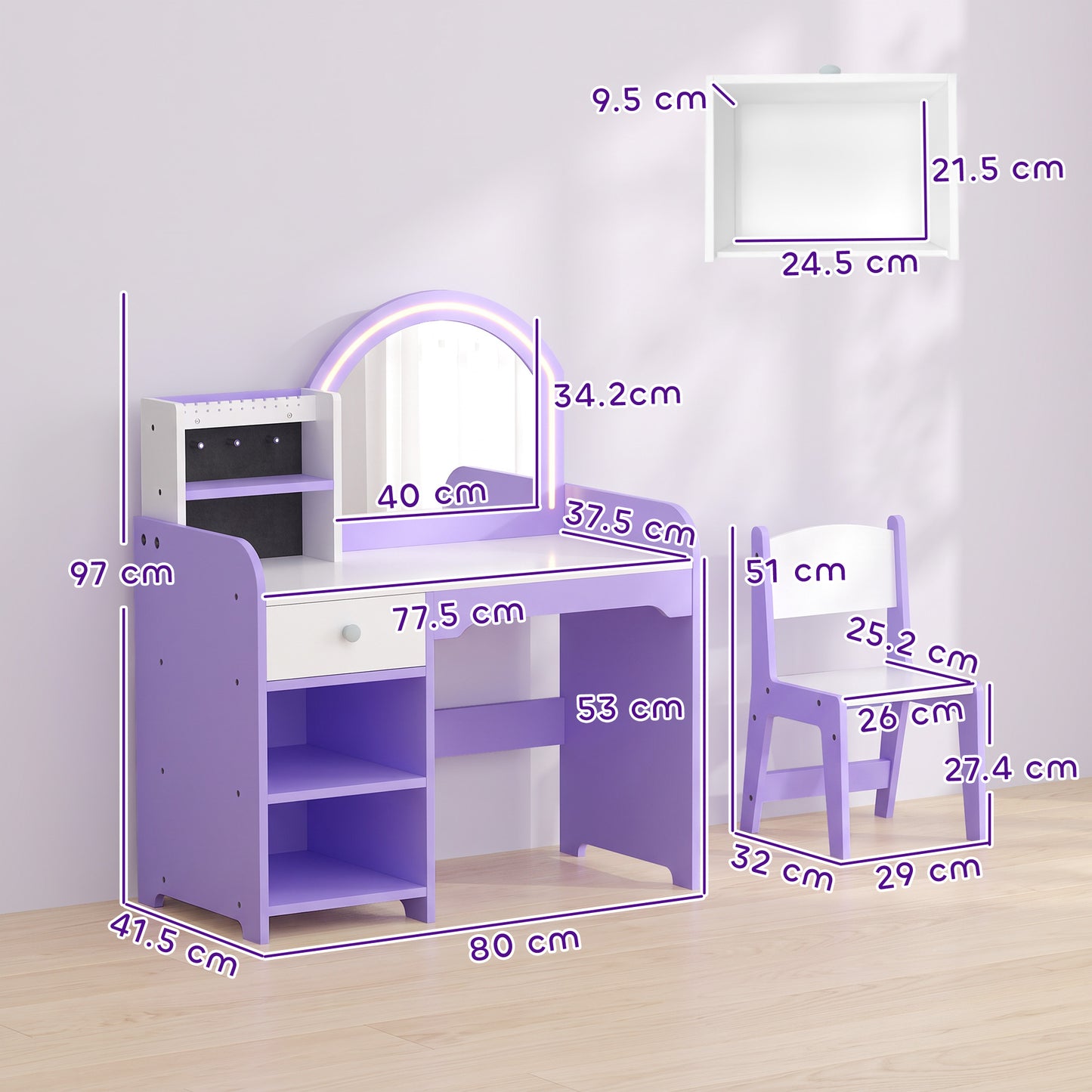 AIYAPLAY Kids Vanity Set, Kids Dressing Table with Stool, 2-Colour Lights Mirror, Pretend Dresser Gift for Ages 3-8, Purple