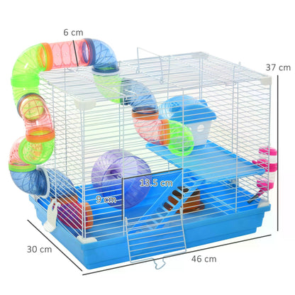 Pawhut 2 Tier Hamster Cage Carrier Habitat Small Animal House with Exercise Wheels Tunnel Tube Water Bottle Dishes House Ladder for Dwarf, Blue