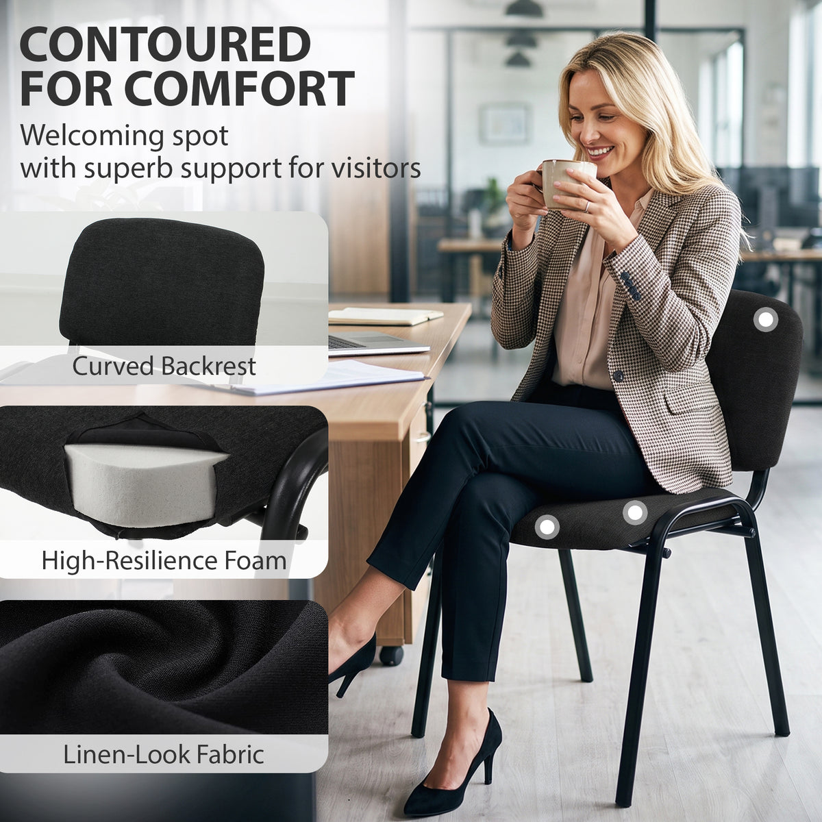 HOMCOM Linen-Look Fabric Reception Chairs, Stackable Meeting Chairs Set of 2 with Backrest, Padded Seat for Office, Black
