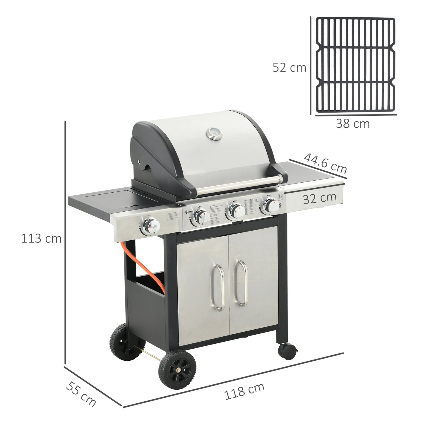 Gas Barbecue Grill 3+1 Burner Garden Smoker BBQ Trolley With Side Burner Warming Rack, Side Shelves Storage Cabinet Stainless Steel + Metal