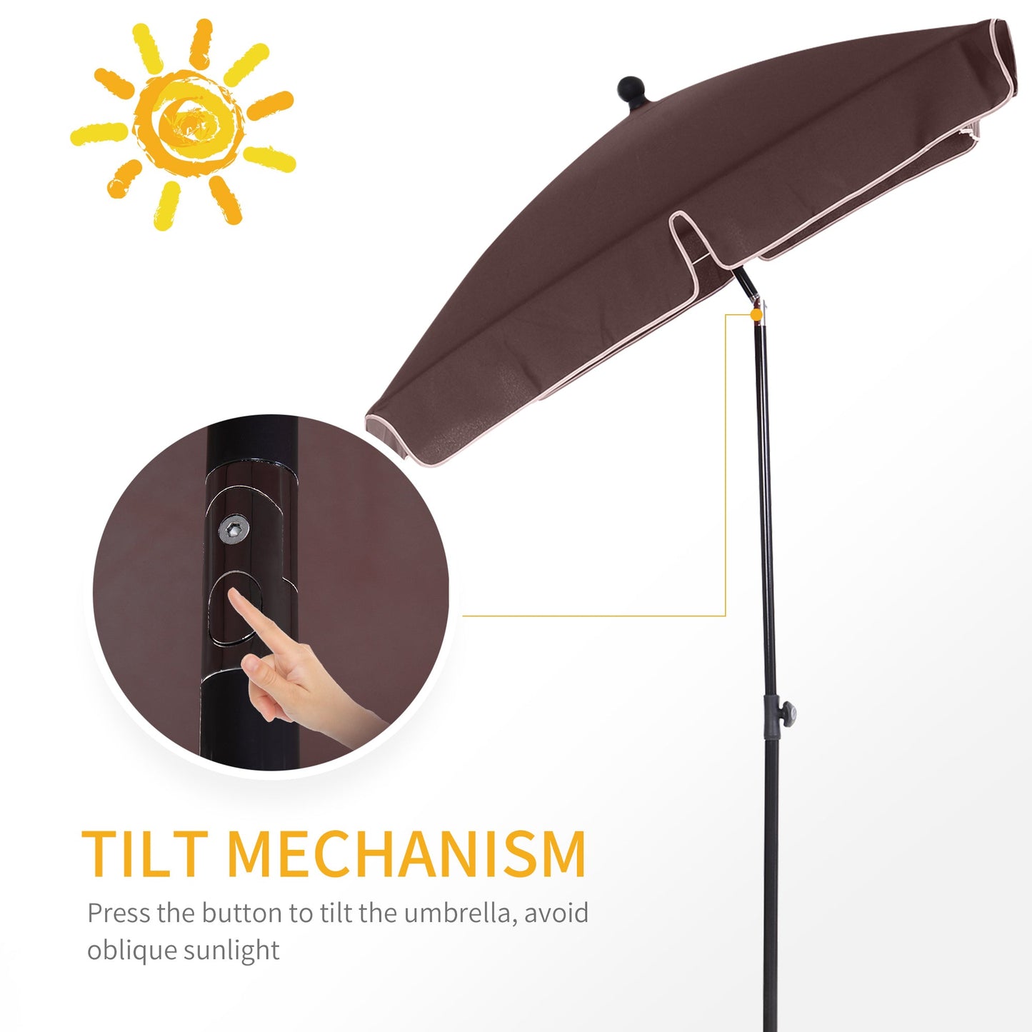 Outsunny Garden Parasol Umbrella, Outdoor Market Table Umbrella with Ruffles & Aluminium Pole, Rectangular Tilting Parasol Sun Shade Canopy, 2 x 1.3m, Brown