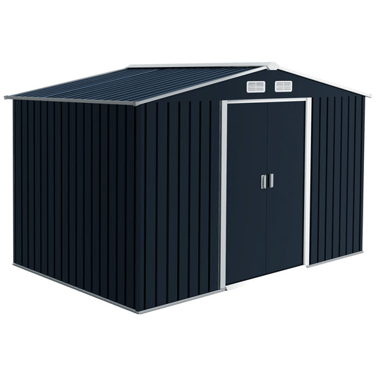 Outsunny 9 x 6ft Metalowa szopa na rowery, zewnętrzny domek narzędziowy z otworami wentylacyjnymi, zestaw fundamentowy i zamykane podwójne drzwi, ciemnoszary